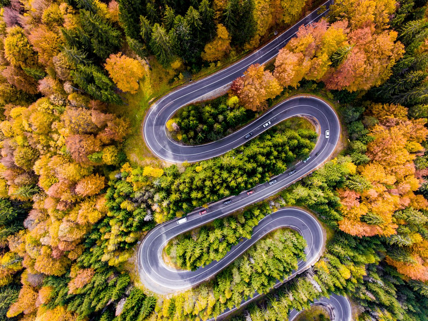 Aerial view of a mountain road winding through an autumn forest
